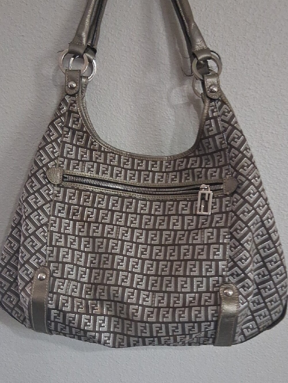 FENDY  Zucchino Metallic Gray  Monogram Shoulder Bag